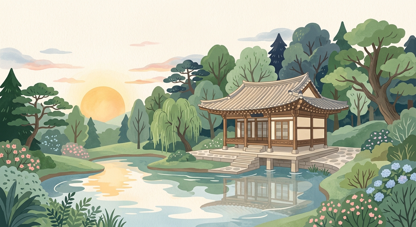 Watercolor illustration of a traditional Korean hanok village
